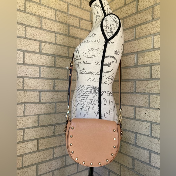 Rebecca Minkoff Tan Pebbeled Leather Saddle Bag Studded Crossbody Purse - Picture 1 of 17